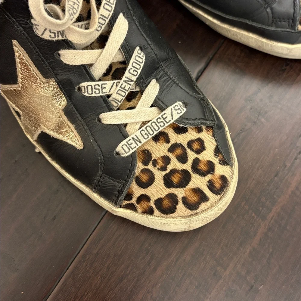 Golden Goose Superstar Black and Gold Sneakers with Leopard Print